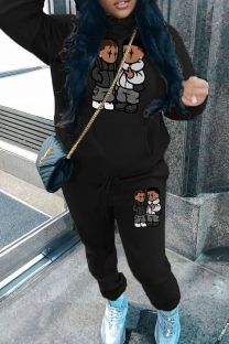 Black Casual Print Pocket Patchwork Hooded Long Sleeve Two Pieces