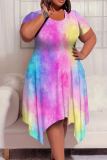 Light Green Casual Print Patchwork O Neck Irregular Plus Size Dresses