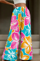 Blue Yellow Casual Print Patchwork Loose High Waist Wide Leg Full Print Bottoms