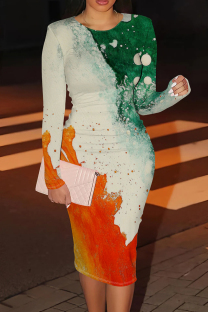 White Green Casual Print Patchwork O Neck Wrapped Skirt Dresses