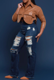 Light Brown Casual Solid Color Buttons Patchwork Turndown Collar Tops