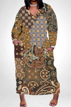 Brown Casual Colorblock National Totem Print Pocket Contrast V Neck Printed Plus Size Dresses