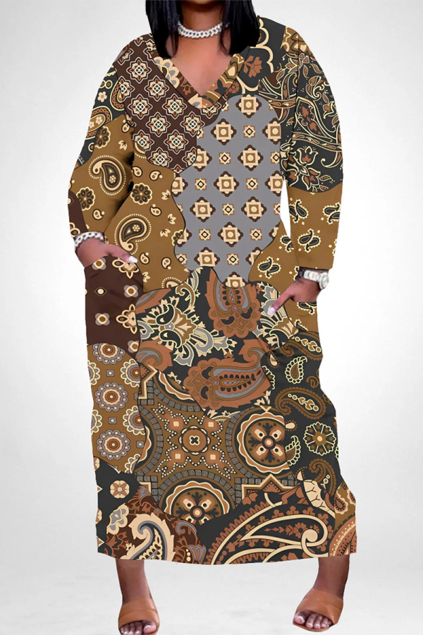Brown Casual Colorblock National Totem Print Pocket Contrast V Neck Printed Plus Size Dresses