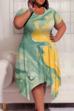 Light Green Casual Print Patchwork O Neck Irregular Plus Size Dresses