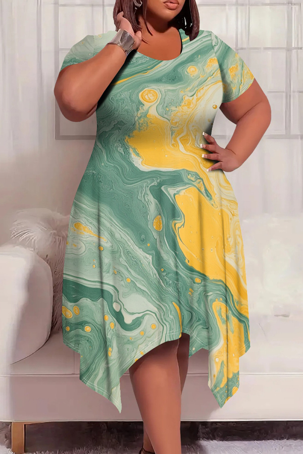 Light Green Casual Print Patchwork O Neck Irregular Plus Size Dresses