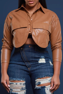 Light Brown Casual Solid Color Buttons Patchwork Turndown Collar Tops