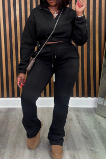 Black Casual Solid Color Patchwork Zipper Zipper Collar Long Sleeve Two Pieces