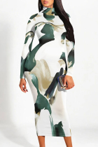 Ink Green Casual Street Colorblock Striped Print Contrast Half A Turtleneck Dresses