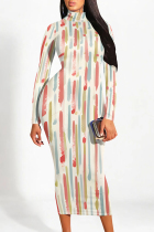 White Red Casual Street Colorblock Striped Print Contrast Half A Turtleneck Dresses