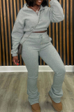 Grey Casual Solid Color Patchwork Zipper Zipper Collar Long Sleeve Two Pieces