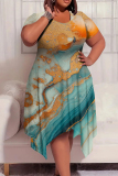 Light Green Casual Print Patchwork O Neck Irregular Plus Size Dresses