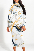 White Casual Street Colorblock Striped Print Contrast Half A Turtleneck Dresses