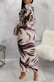 Brown Casual Print Patchwork Slit Half A Turtleneck Long Sleeve Two Pieces