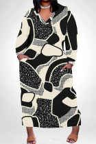 Black Casual Colorblock National Totem Print Pocket Contrast V Neck Printed Plus Size Dresses