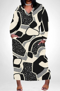 Black Casual Colorblock National Totem Print Pocket Contrast V Neck Printed Plus Size Dresses