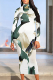Ink Green Casual Street Colorblock Striped Print Contrast Half A Turtleneck Dresses