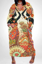 Orange Casual Colorblock National Totem Print Pocket Contrast V Neck Printed Plus Size Dresses