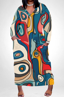 Multi-color Casual Colorblock National Totem Print Pocket Contrast V Neck Printed Plus Size Dresses