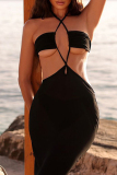 Black Sexy Solid Color Hollow Out Patchwork Swimwears Cover Up