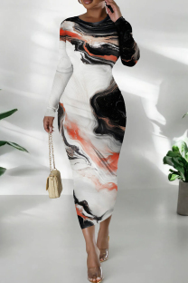 Black And White Casual Print Patchwork O Neck Wrapped Skirt Dresses