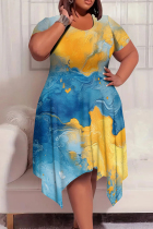 Blue Yellow Casual Print Patchwork O Neck Irregular Plus Size Dresses