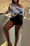 Silver Gray Casual Print Patchwork Oblique Collar Tops