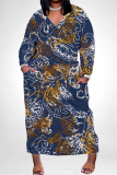 Orange Casual Colorblock National Totem Print Pocket Contrast V Neck Printed Plus Size Dresses