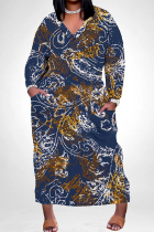 Blue Casual Colorblock National Totem Print Pocket Contrast V Neck Printed Plus Size Dresses