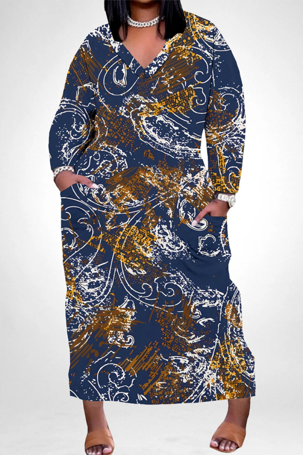 Blue Casual Colorblock National Totem Print Pocket Contrast V Neck Printed Plus Size Dresses
