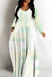 Green Casual Print Basic V Neck Long Dresses