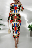 Blue Casual Street Chain print Contrast O Neck Printed Dresses