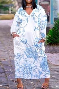 White Blue Casual Print Pocket V Neck Long Plus Size Dresses