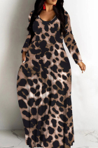 Coffee Casual Leopard Print Basic V Neck Long Dresses