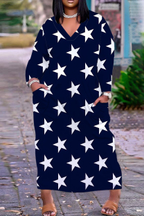 Tibetan Blue Casual Print Pocket V Neck Long Plus Size Dresses