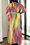 Black Casual Street Colorblock Geometric Print Lace Up Contrast V Neck Printed Plus Size Dresses