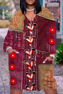 Red Casual Faux Denim Print Pocket V Neck Long Sleeve Plus Size Dresses
