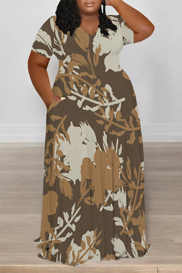 Brown Casual Street Floral Print Pocket Contrast V Neck Printed Plus Size Dresses