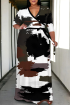Black Casual Street Colorblock Geometric Print Lace Up Contrast V Neck Printed Plus Size Dresses