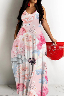 Light Pink Casual Floral Print Backless Spaghetti Strap Long Dresses