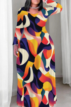Orange Casual Print Patchwork O Neck Long Plus Size Dresses