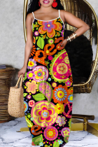 Multicolor Casual Print Backless Spaghetti Strap Long Dresses
