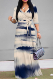 Green Casual Tie Dye Print Lace Up Contrast V Neck Printed Dresses