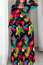 Colour Casual Print Patchwork O Neck Long Plus Size Dresses