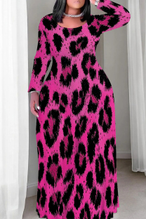 Pink Black Casual Print Patchwork O Neck Long Plus Size Dresses