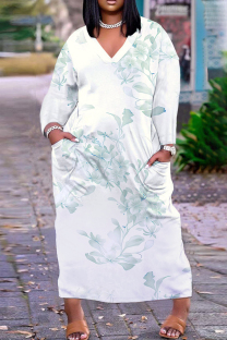 White Green Casual Print Pocket V Neck Long Plus Size Dresses