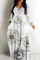 White Casual Print Basic V Neck Long Dresses