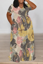 Multicolor Casual Street Floral Print Pocket Contrast V Neck Printed Plus Size Dresses