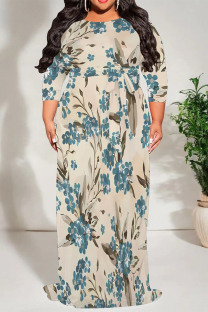 Baby Blue Casual Floral Print Lace Up Contrast O Neck Printed Dresses