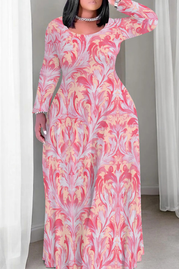 Pink Casual Print Patchwork O Neck Long Plus Size Dresses