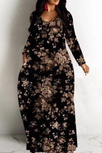 Black Casual Leopard Print Basic V Neck Long Dresses
